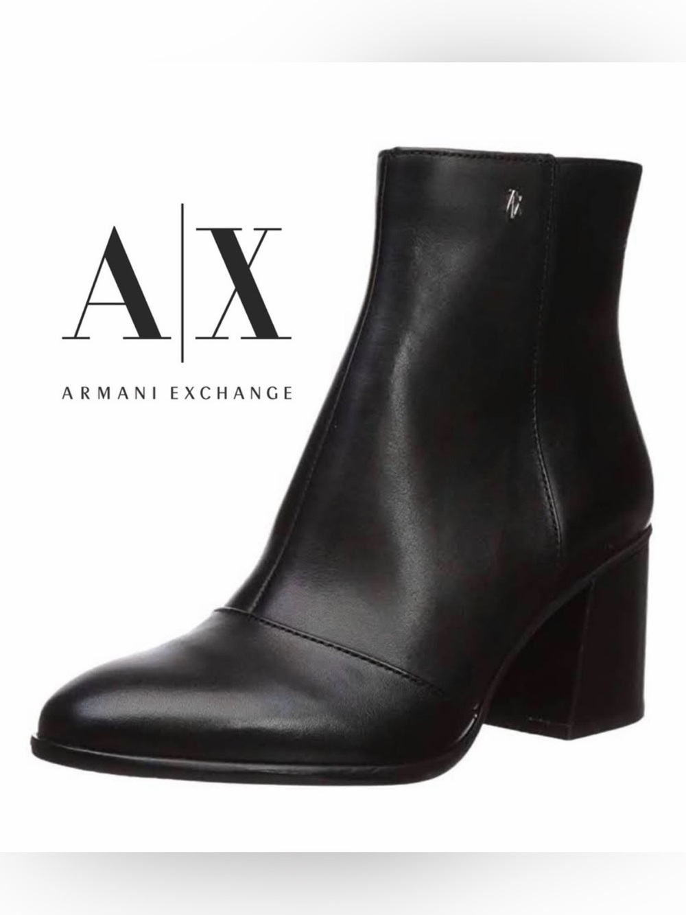 Armani Exchange Black Leather Ankle Booties with Block Heel